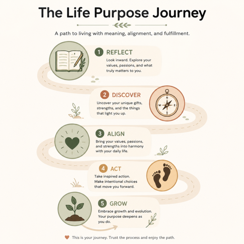 Infographic Showing Five Steps In The Life Purpose Journey: Reflect, Discover, Align, Act, And Grow.
