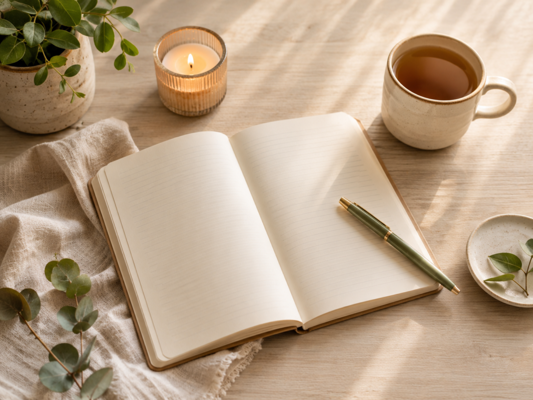 Journal, Pen, Candle, And Tea Arranged For Reflecting On Values And Passions. Discover Your Life'S Purpose.