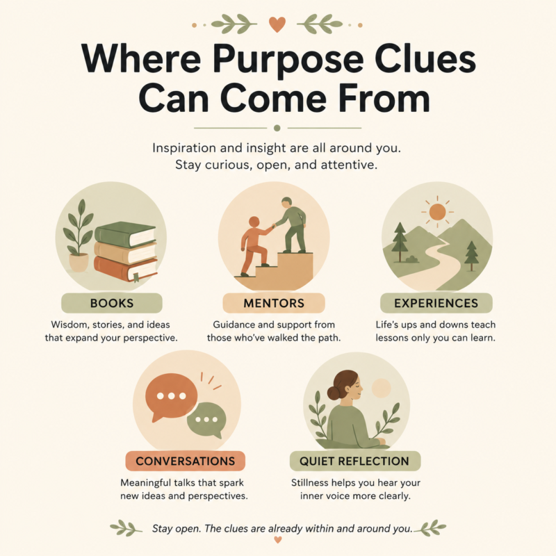 Infographic Showing Sources Of Inspiration For Finding Purpose, Including Books, Mentors, Experiences, Conversations, And Reflection.
