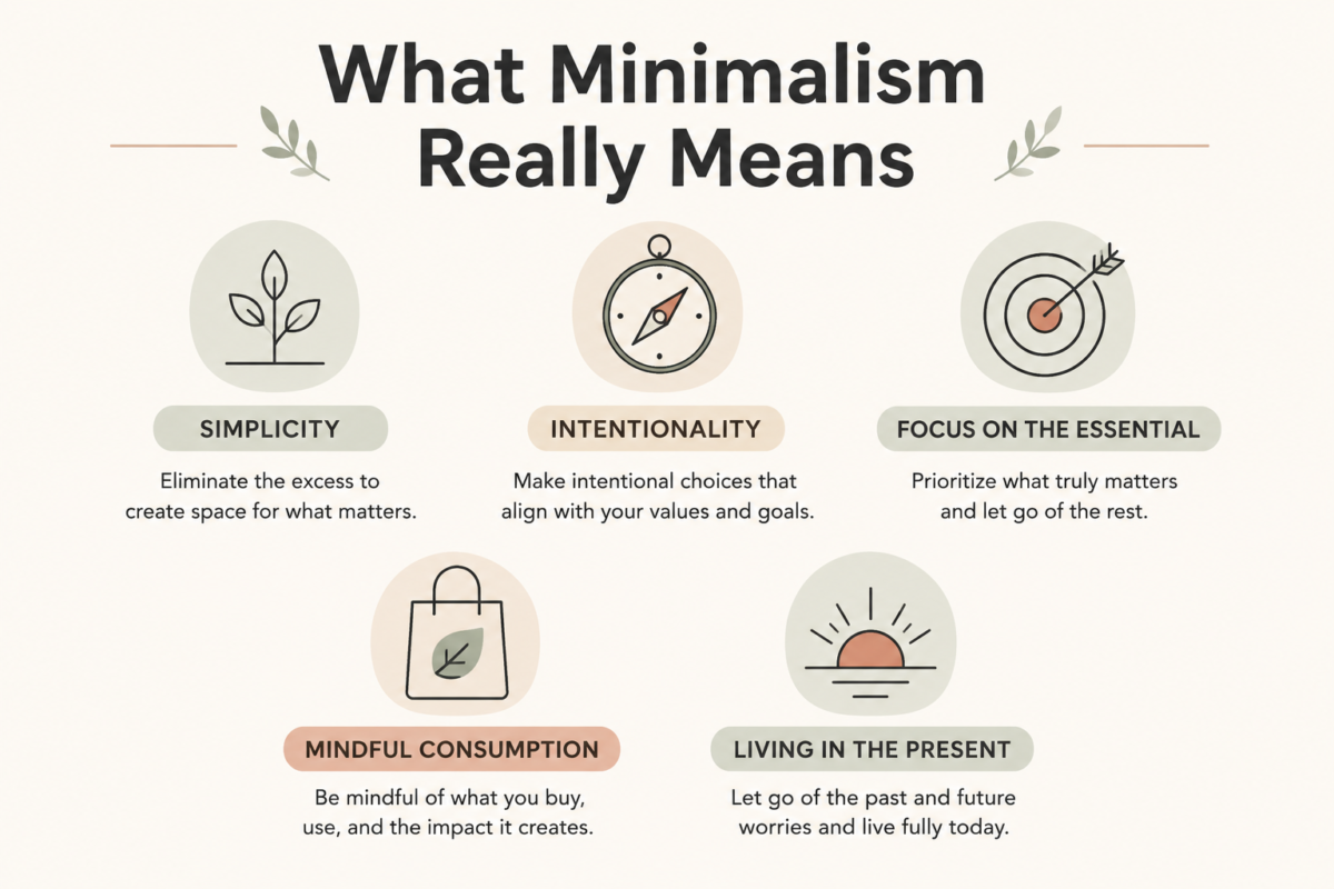 Infographic Showing Five Core Principles Of Minimalism: Simplicity, Intentionality, Essentials, Mindful Consumption, And Presence.