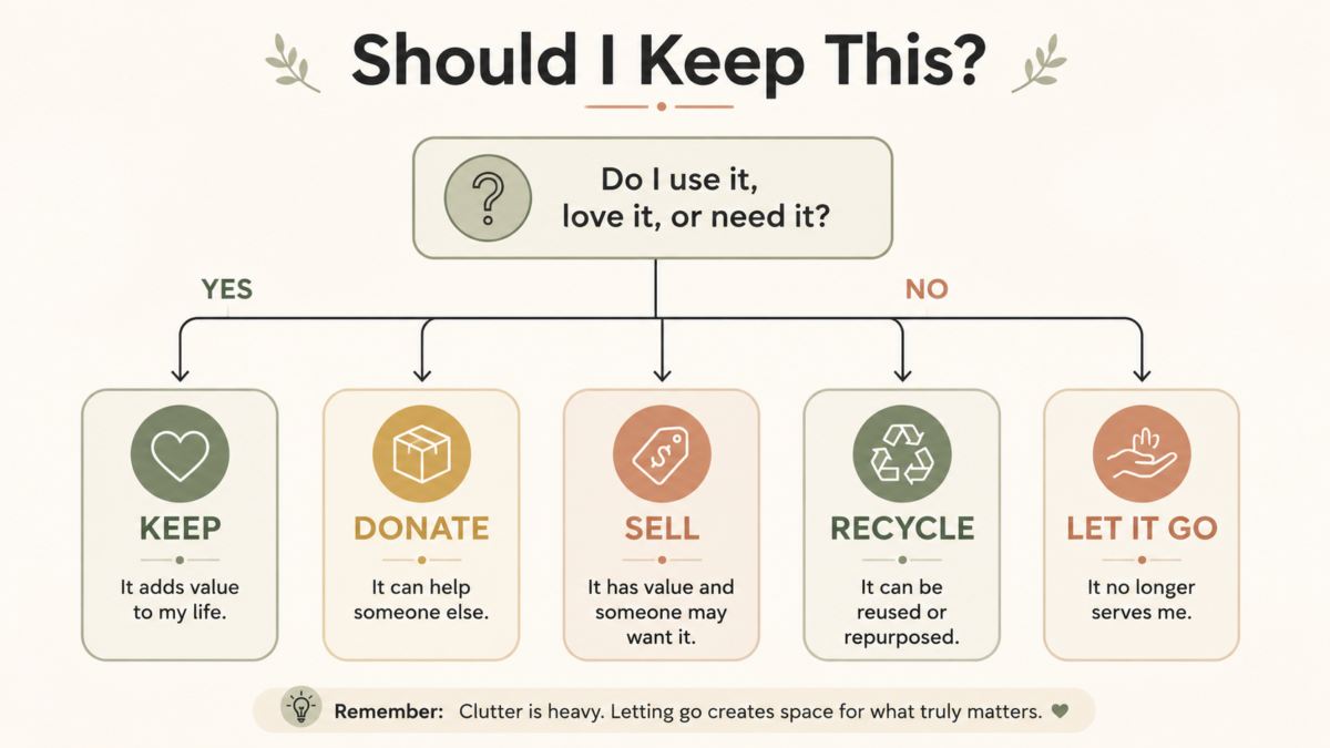 Minimalist Decluttering Flowchart Helping Readers Decide Whether To Keep, Donate, Sell, Recycle, Or Let Go Of An Item. Embracing Minimalism.