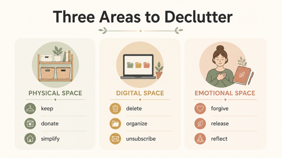 Infographic Showing Physical, Digital, And Emotional Areas To Declutter When Embracing Minimalism.