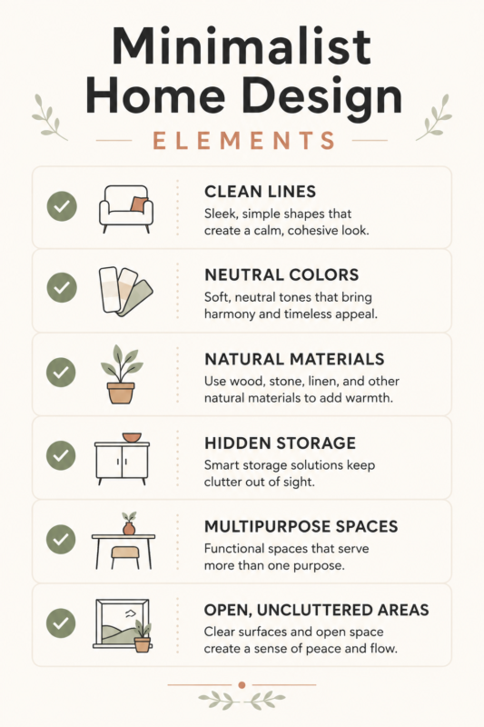 Checklist Of Minimalist Home Design Elements Including Clean Lines, Neutral Colors, Natural Materials, Hidden Storage, And Open Spaces.