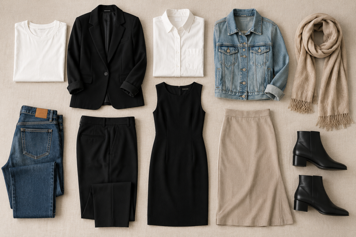 Neutral Capsule Wardrobe Essentials Arranged Neatly In A Minimalist Flat Lay. Embracing Minimalism.