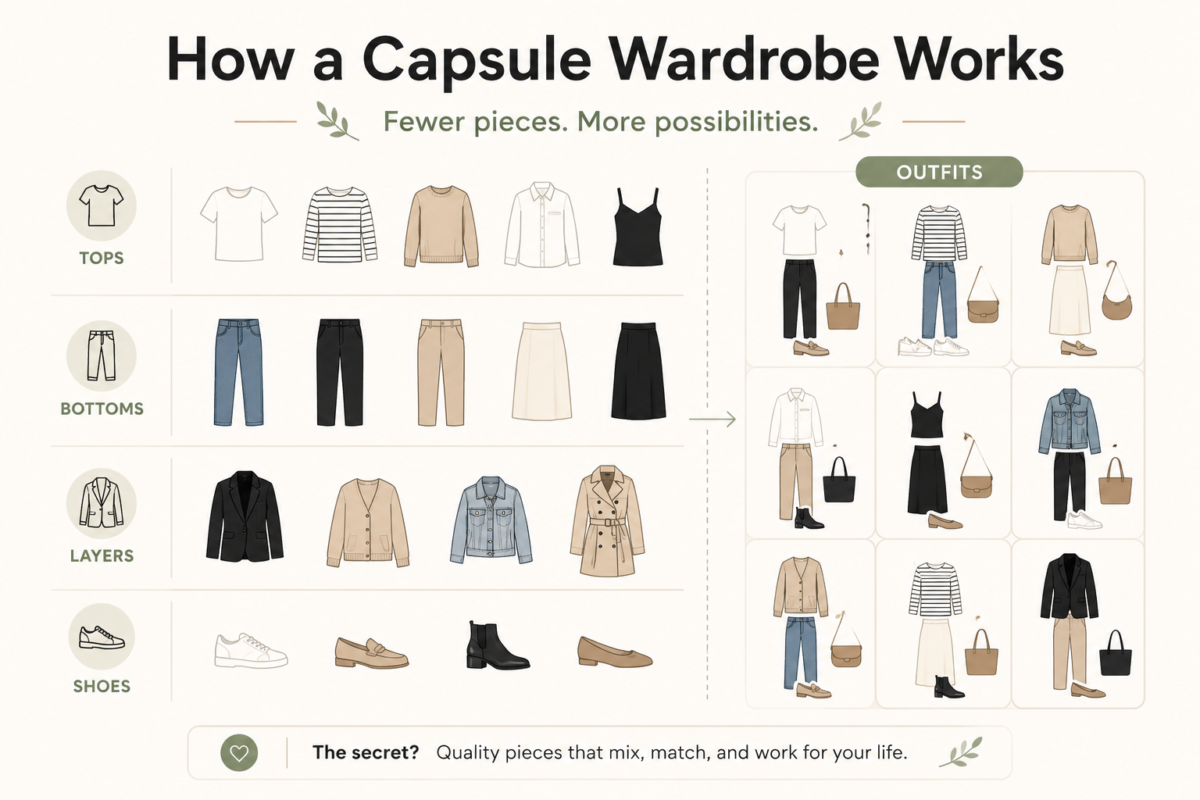Capsule Wardrobe Mix-And-Match Graphic Showing How A Few Neutral Clothing Pieces Can Create Multiple Outfits.