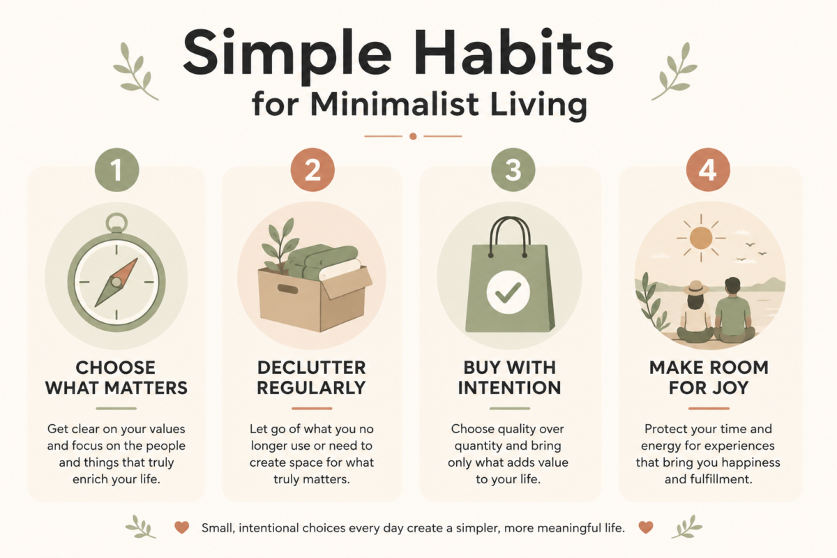 Four-Step Infographic Showing Simple Habits For Minimalist Living: Choose What Matters, Declutter Regularly, Buy Intentionally, And Make Room For Joy.
