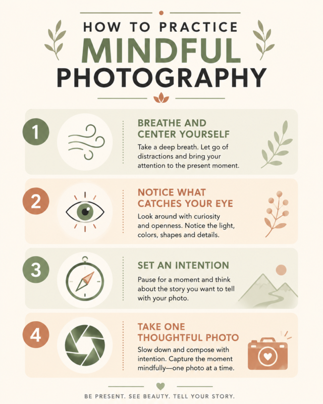 Four-Step Infographic Showing How To Begin A Mindful Photography Practice.