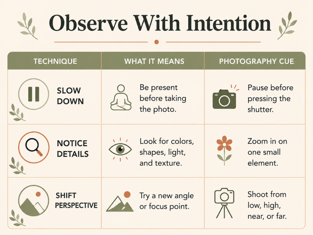 Table Explaining Three Ways To Observe With Intention In Mindful Photography.