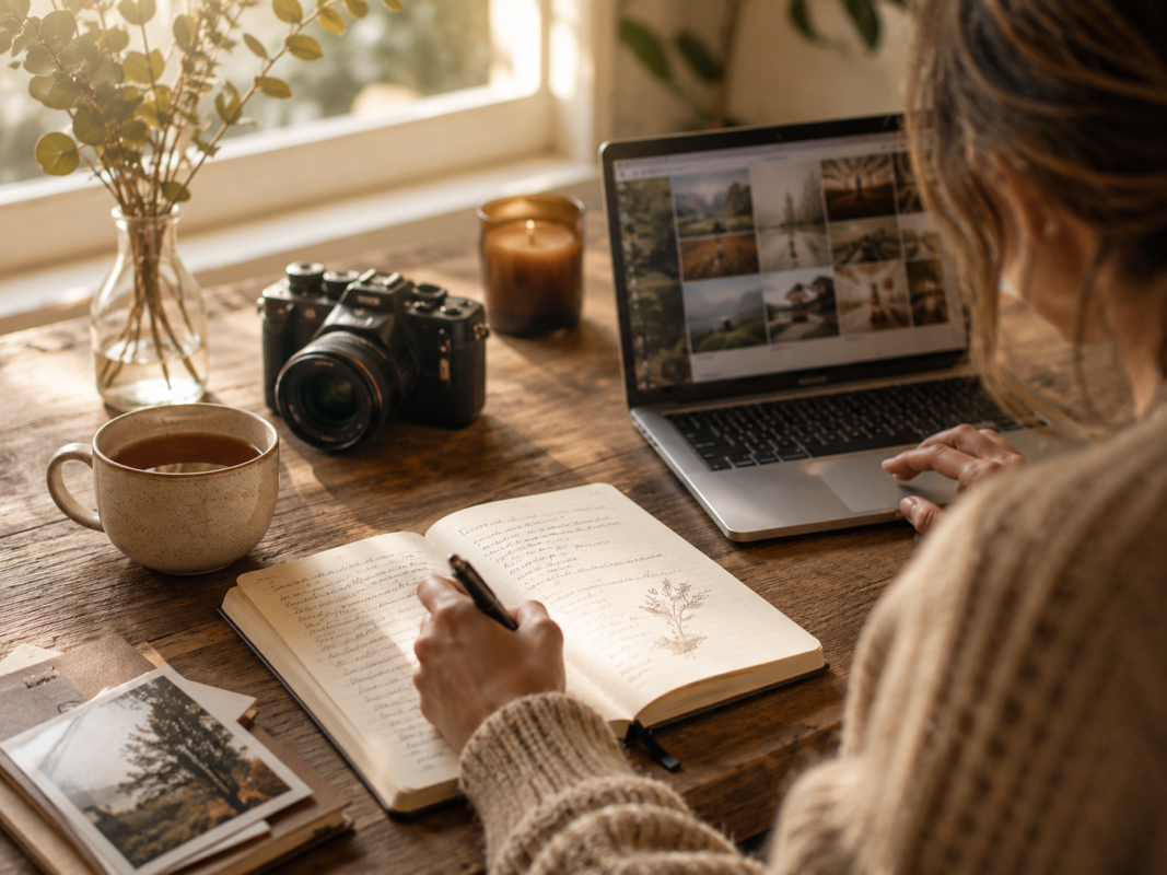 Person Reflecting On Photographs While Journaling In A Quiet, Sunlit Space.