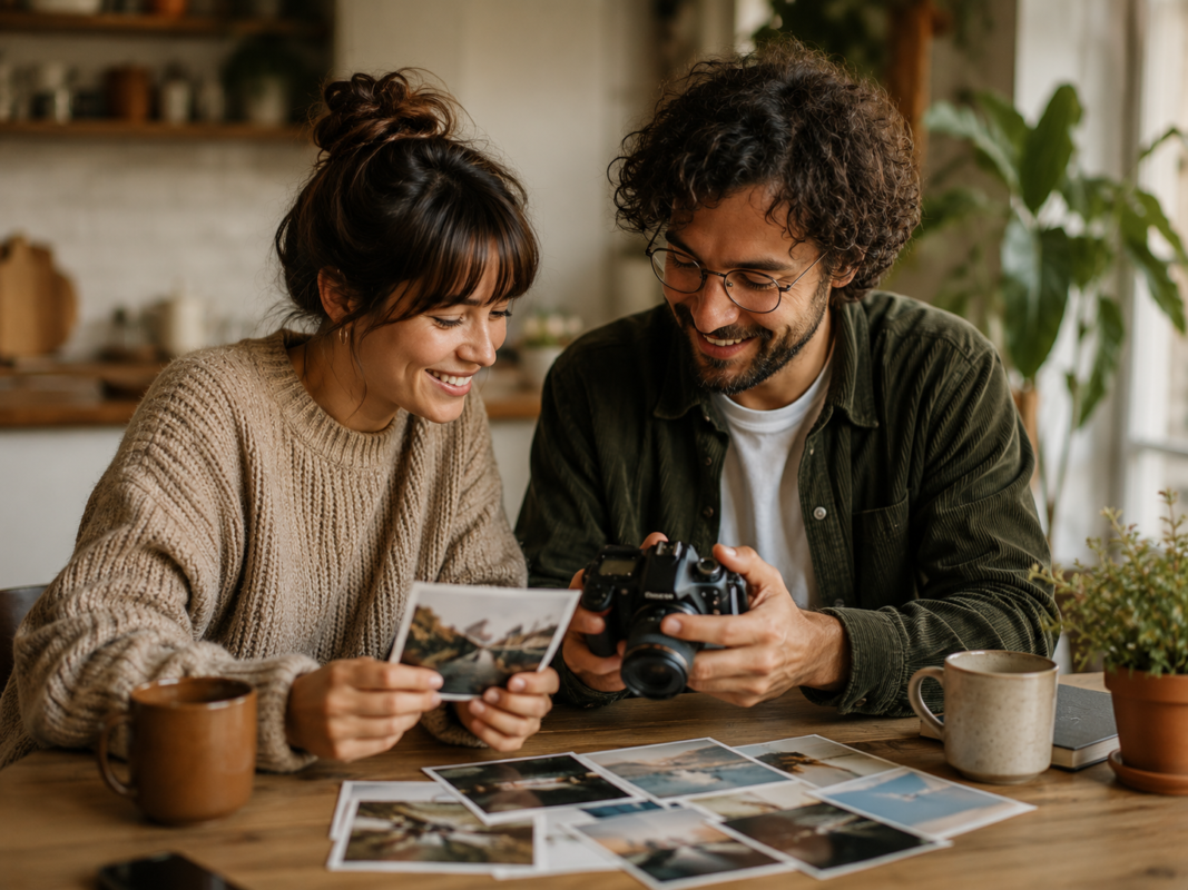 Two People Sharing And Discussing Mindful Photographs Together.