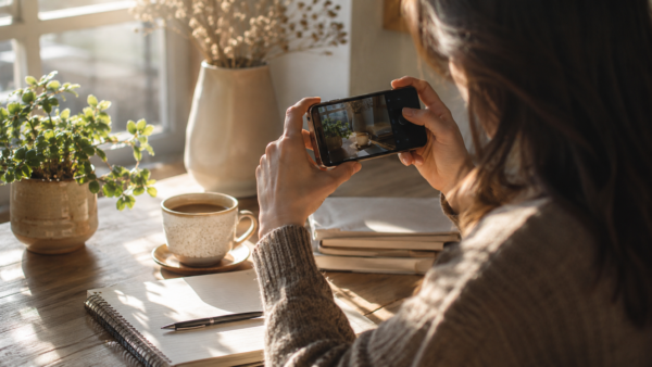 Mindful Photography. Person Mindfully Photographing A Quiet Everyday Scene In Soft Natural Light.