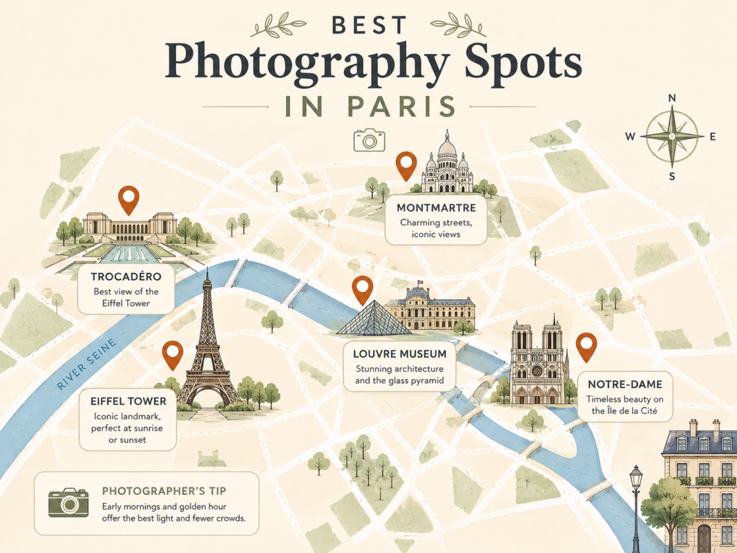 Take Amazing Photos In Paris 1 Illustrated Map Showing The Best Photography Spots In Paris Including The Eiffel Tower, Seine, Montmartre, And Louvre. Take Amazing Photos In Paris.