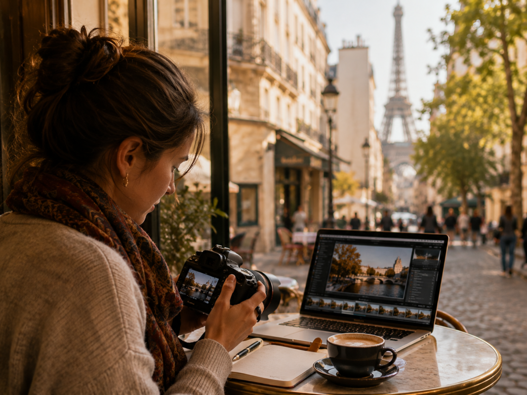 Take Amazing Photos In Paris 10 Traveler Reviewing Paris Photographs At A Café After A Day Of Shooting. Take Amazing Photos In Paris.