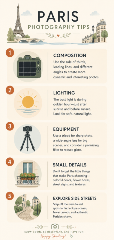 Take Amazing Photos In Paris 4 Infographic With Five Paris Photography Tips Including Composition, Lighting, Equipment, Details, And Exploring Side Streets.