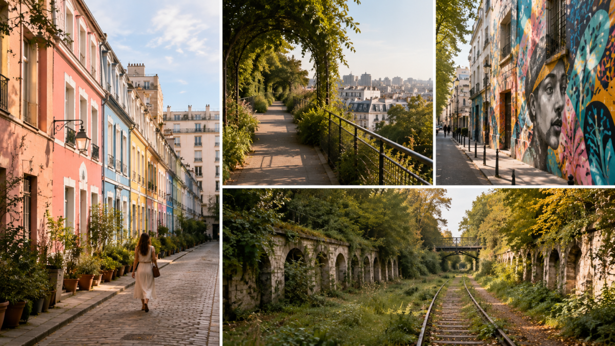 Take Amazing Photos In Paris 5 Collage Of Hidden Paris Photo Locations Including Colorful Streets, Elevated Gardens, Street Art, And Old Railway Paths.