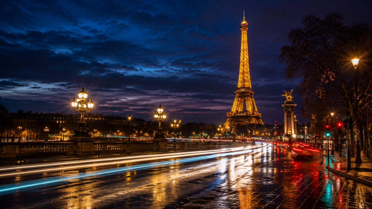 Take Amazing Photos In Paris 7 Night Photography Scene In Paris With The Illuminated Eiffel Tower And Long Exposure Light Trails.