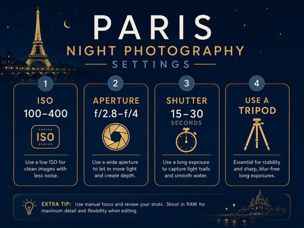 Take Amazing Photos In Paris 8 Infographic Showing Recommended Paris Night Photography Settings For Iso, Aperture, Shutter Speed, And Tripod Use.
