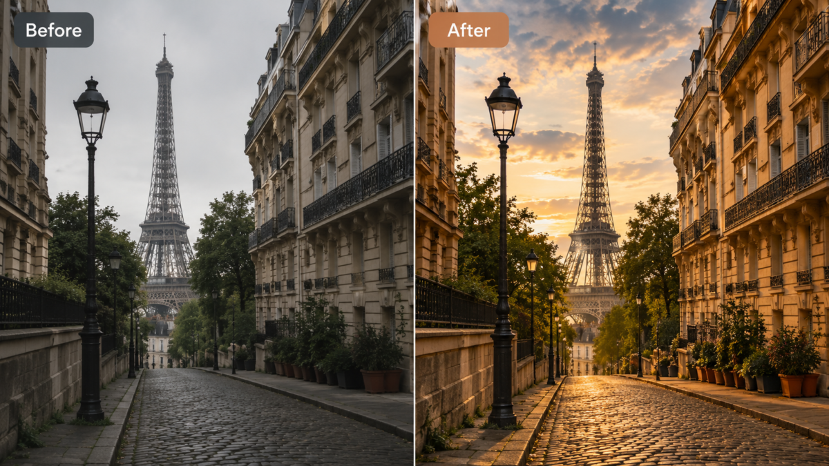 Take Amazing Photos In Paris 9 Before And After Comparison Showing Edited Paris Travel Photo With Improved Color, Contrast, And Sharpness.