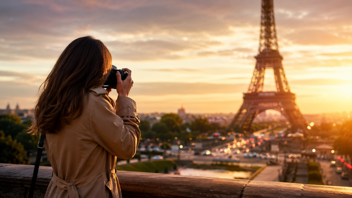 Photographer Capturing The Eiffel Tower In Paris During Golden Hour.