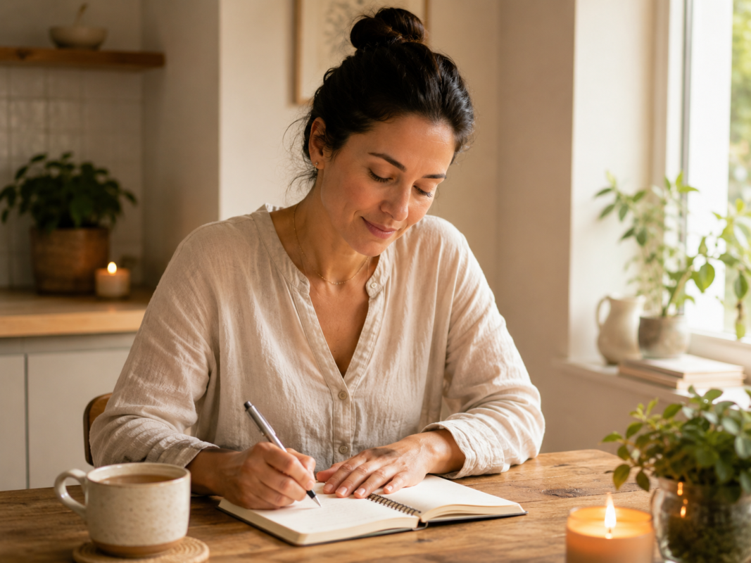 Person Journaling Quietly After Meditation In A Warm Home Setting.