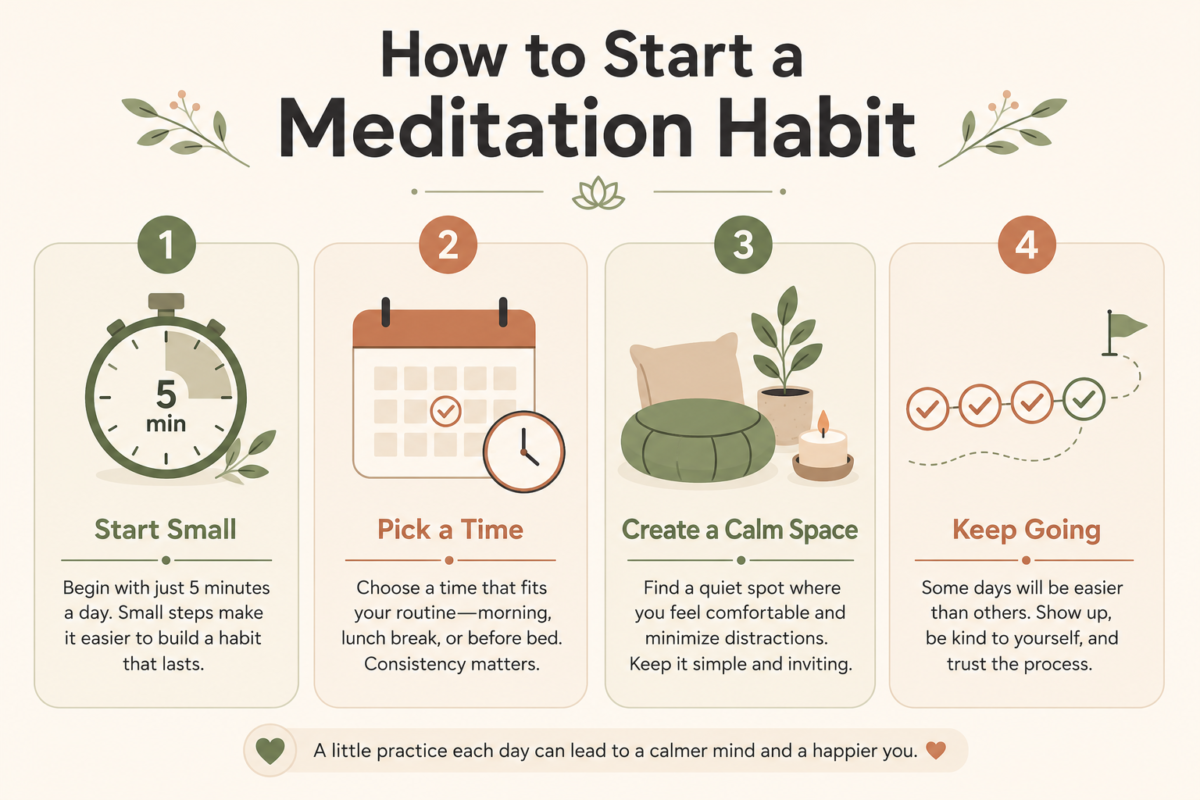 Four-Step Infographic Explaining How To Start A Simple Meditation Habit.