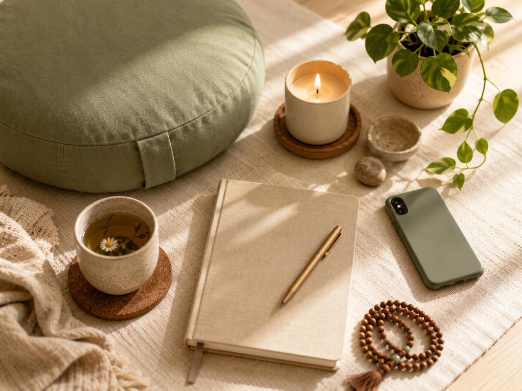 Minimal Meditation Setup With Cushion, Journal, Candle, Tea, And Plant.