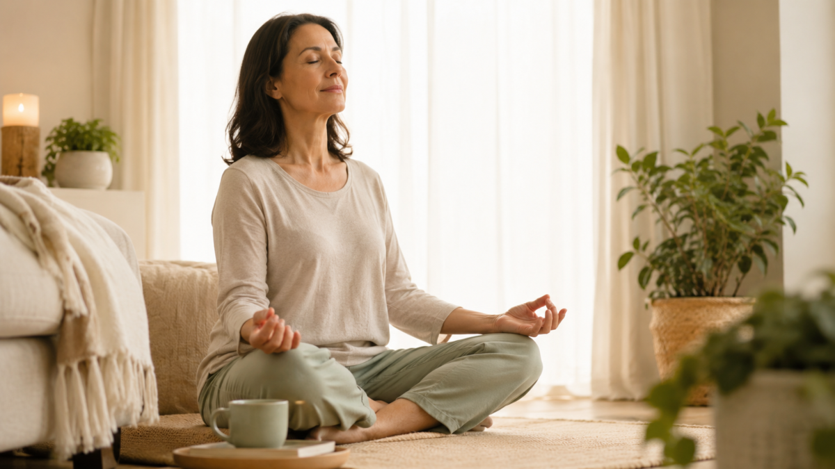 Adult Meditating Peacefully At Home In Soft Morning Light. The Science Of Meditation.