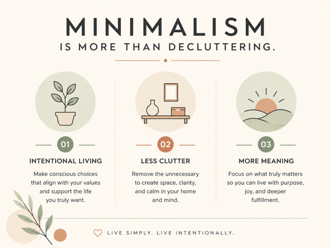 Infographic Showing That Minimalism Includes Intentional Living, Less Clutter, And More Meaning.