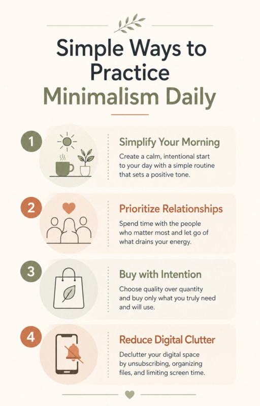Four-Step Infographic Showing Simple Daily Ways To Practice Minimalism.
