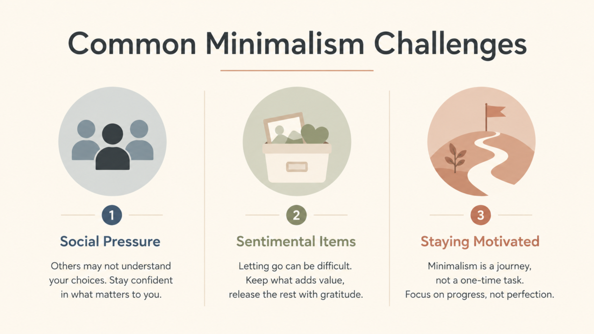 Infographic Showing Common Minimalist Lifestyle Challenges Including Social Pressure, Sentimental Items, And Motivation.