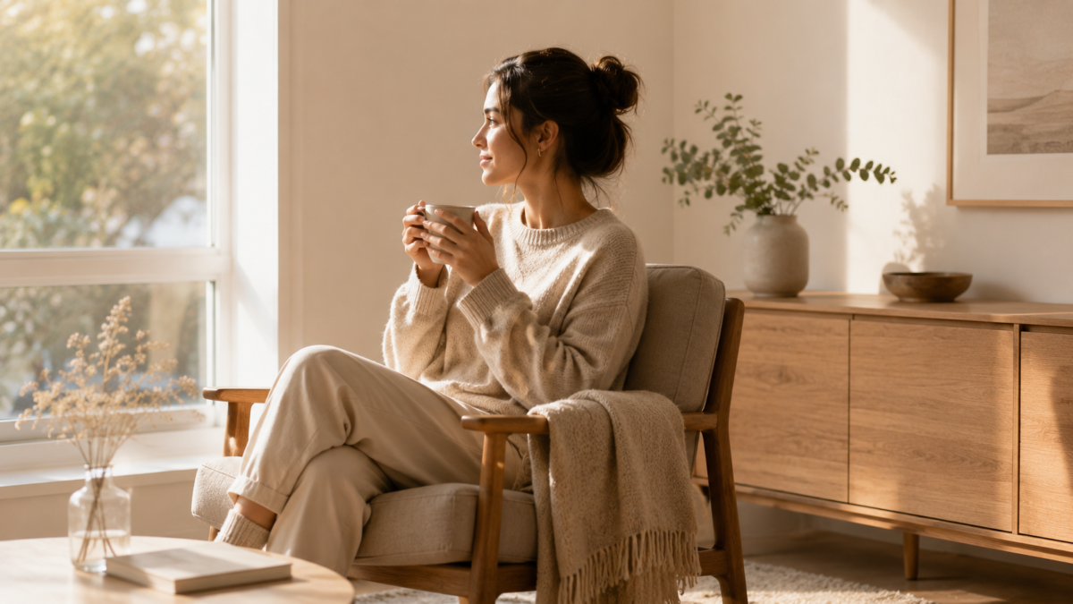 Person Relaxing In A Calm Minimalist Home With Soft Morning Light.