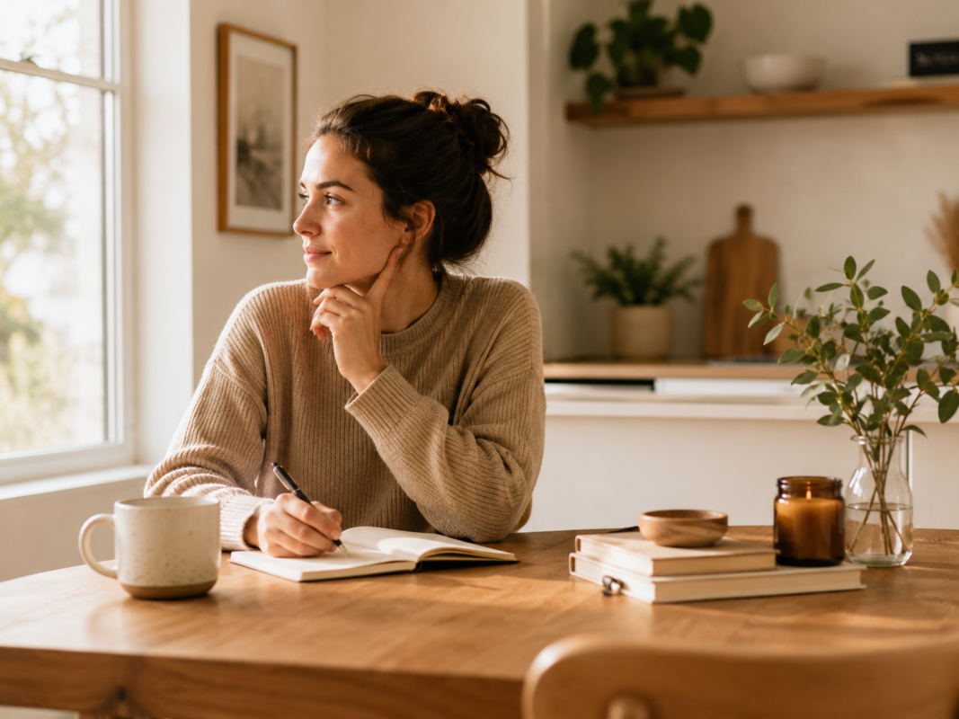 Person Reflecting At A Simple Kitchen Table With A Notebook And Coffee In A Minimalist Home.