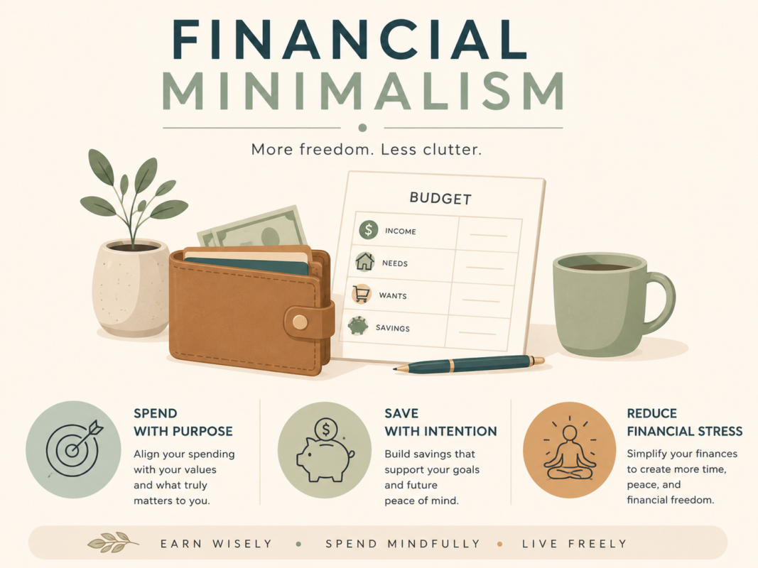 Financial Minimalism Graphic Showing Purposeful Spending, Intentional Saving, And Reduced Stress.