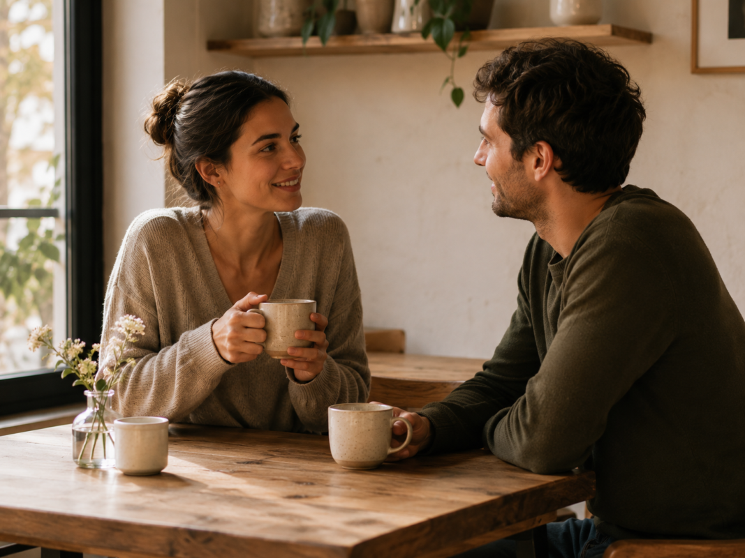 Two Adults Having A Meaningful Conversation In A Calm, Simple Setting. Unlocking The Meaning Of Minimalism.