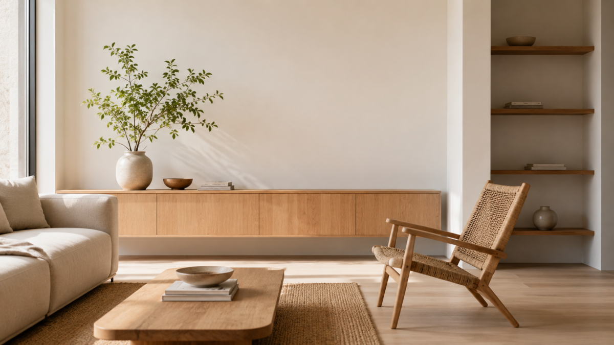 Minimalist Interior With Clean Lines, Natural Light, Neutral Colors, And Uncluttered Surfaces.