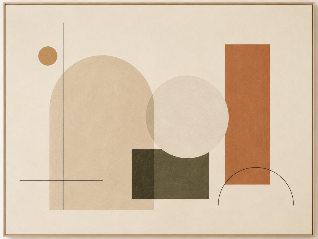 Minimalist Abstract Art With Geometric Shapes, Muted Colors, And Open Negative Space.