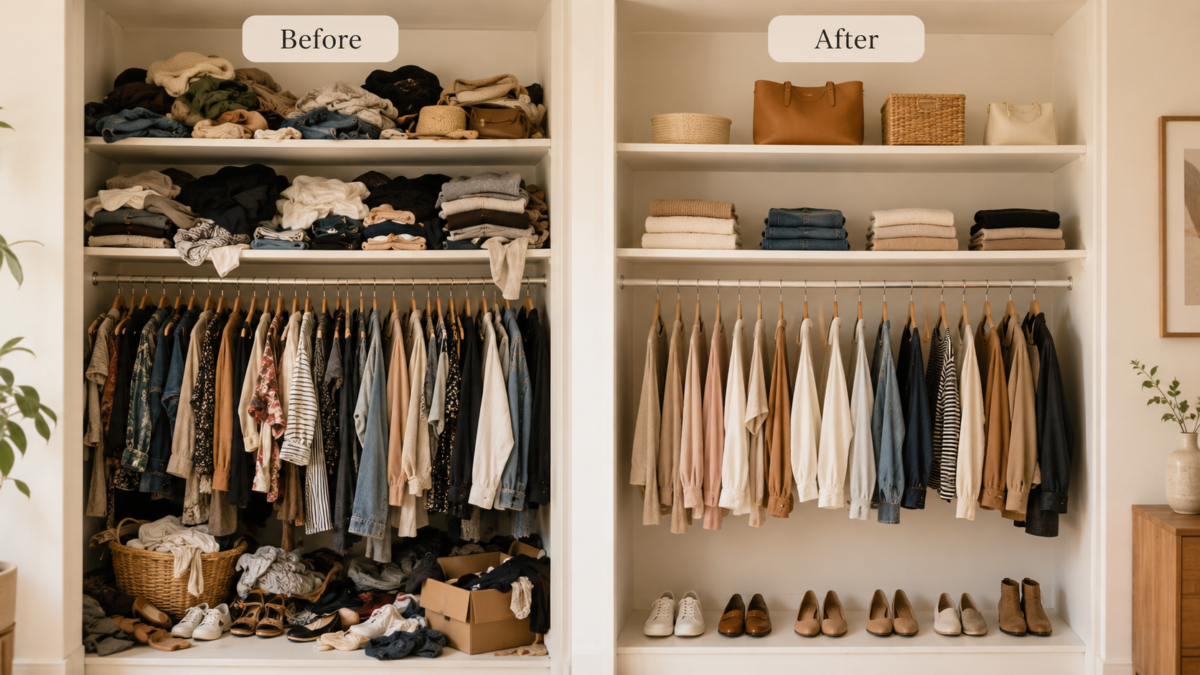 Before-And-After Decluttering Comparison Showing A Cluttered Space Transformed Into An Organized Minimalist Area.