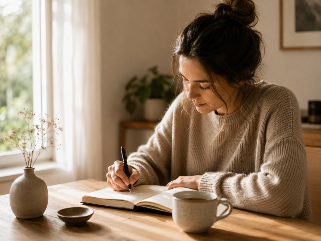 Person Journaling In A Quiet Minimalist Space As Part Of A Self-Discovery Practice.