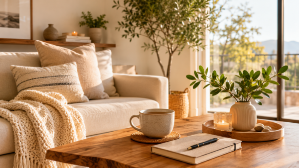 Calm Minimalist Living Room With Neutral Decor, Natural Light, And Simple Intentional Details.