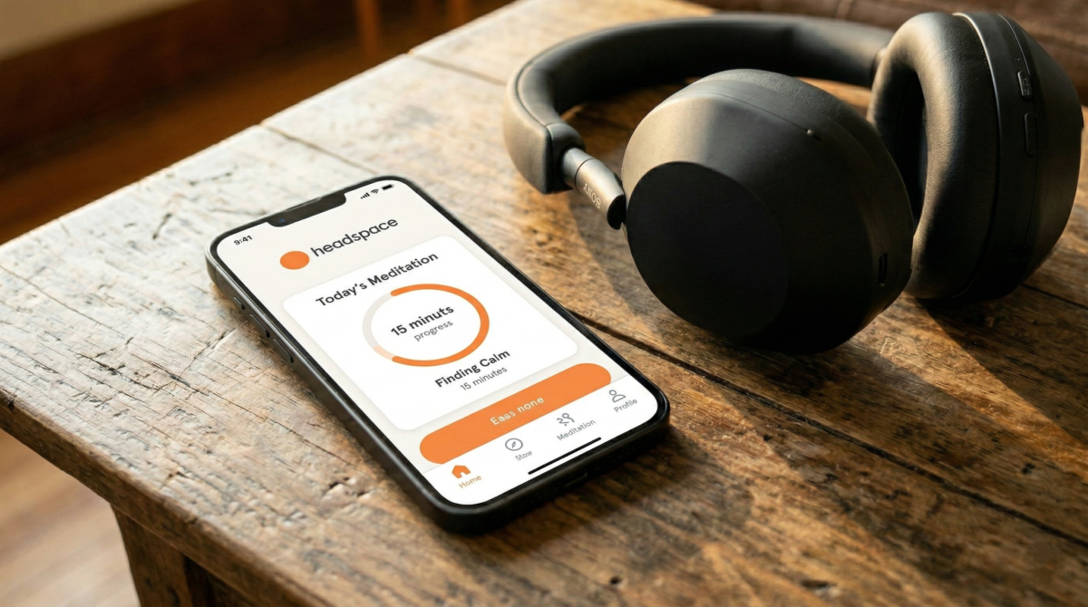 Effective Guided Meditation. A Phone With Headspace Meditation App Open Next To Over The Ear Headphones.