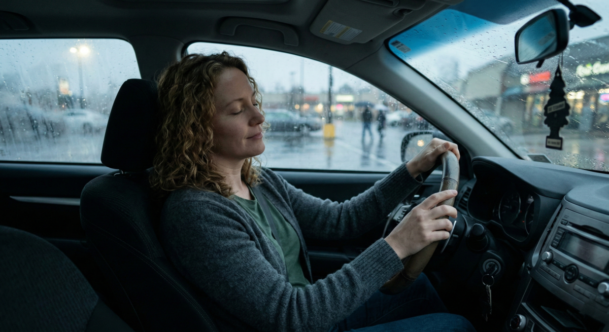 Effective Guided Meditation. A Woman Meditating In Her Car While It Rains Outside.