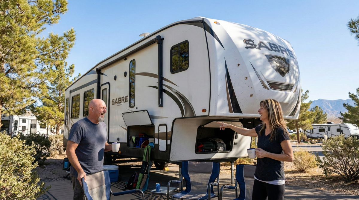 Is It Too Late To Start Over In Your 50S 3 Is It Too Late To Start Over In Your 50S? A Couple Standing Outside Their Sabre Fifth-Wheel Rv Having Coffee.