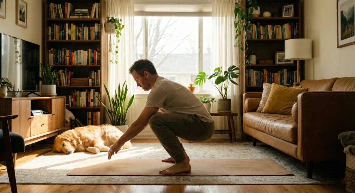 A man doing a deep squat stretch as longevity habits after 40
