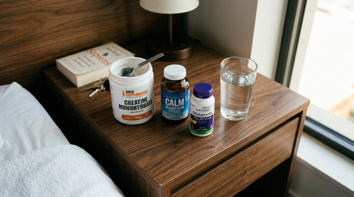 Travel Tips After 40 3 Travel Supplement Stack On A Hotel Nightstand — Creatine And Melatonin For Jet Lag Recovery After 40