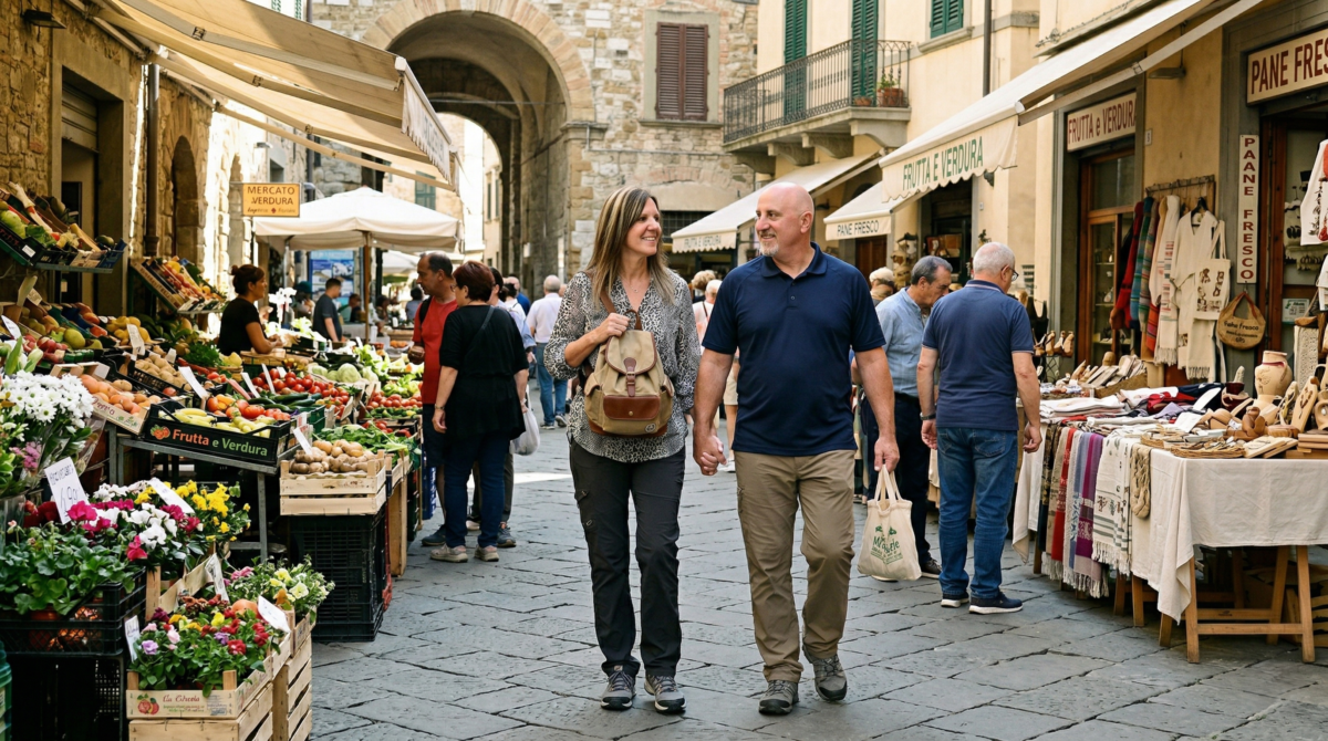 Couple Walking Through A European City Market — Real Travel Tips After 40 From The Real Life With D And J