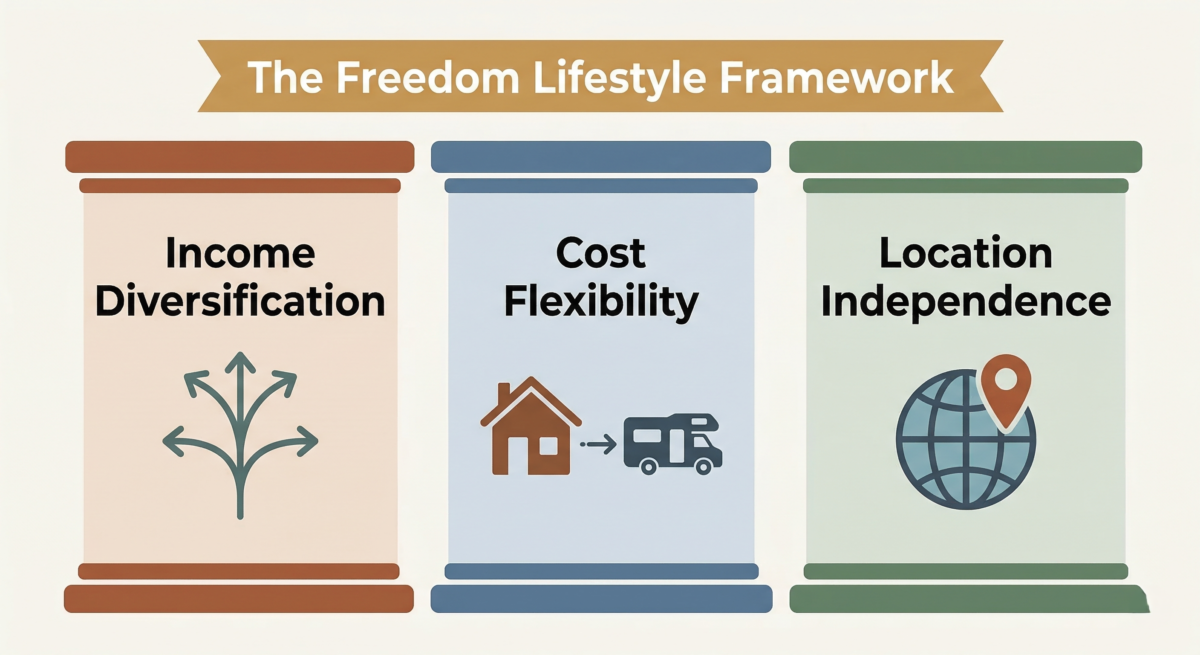 Infographic Showing The Three Pillars Of A Freedom Lifestyle: Income Diversification, Cost Flexibility, And Location Independence