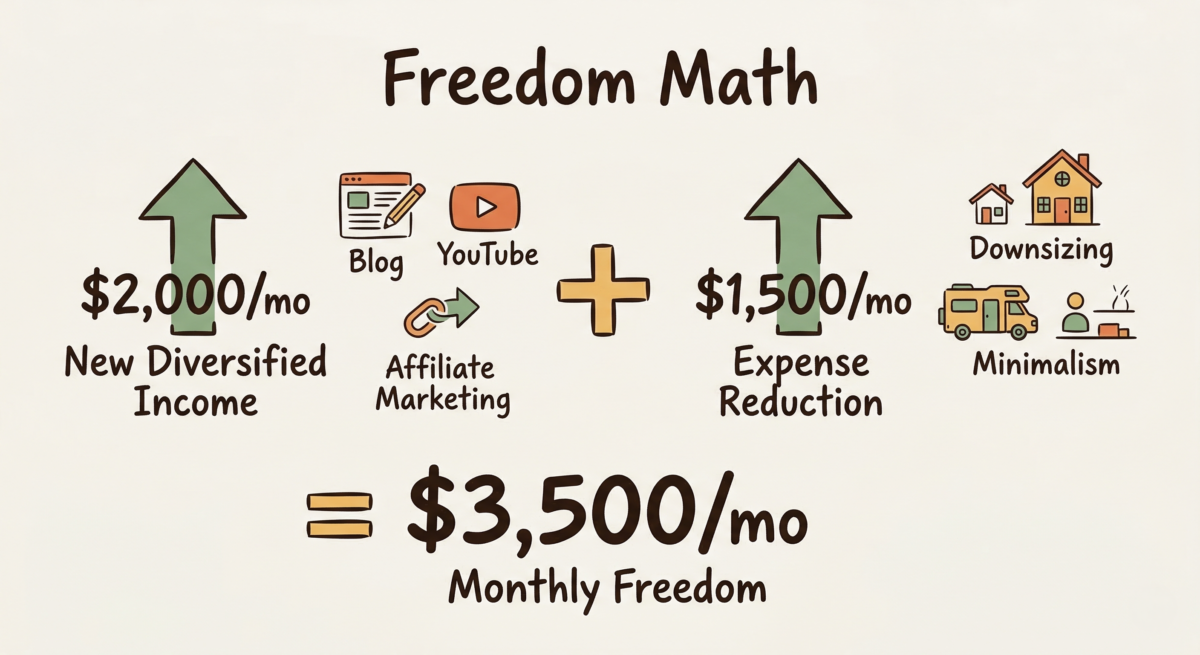 Freedom Math Infographic Showing How $2,000 In New Income Plus $1,500 In Reduced Expenses Equals $3,500 Per Month In Freedom