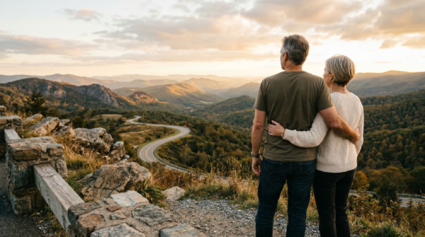 Couple In Their 50S Choosing A Freedom Lifestyle Instead Of Retirement, Looking Out At An Open Road From A Scenic Overlook