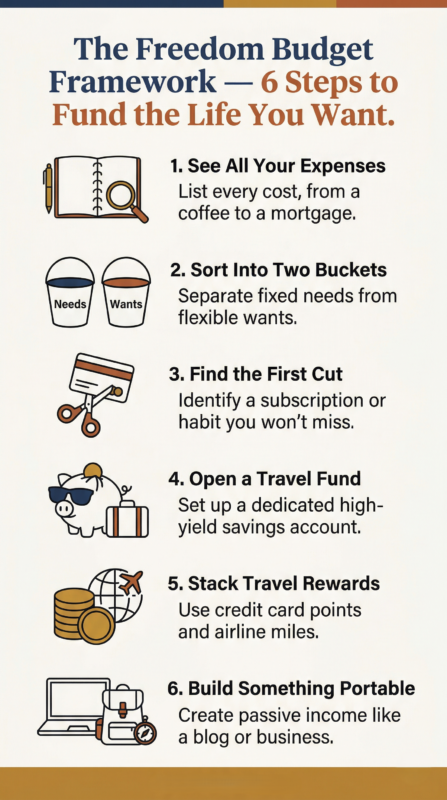 Freedom Budget Framework Infographic Showing How To Afford Travel In Your 50S In 6 Steps
