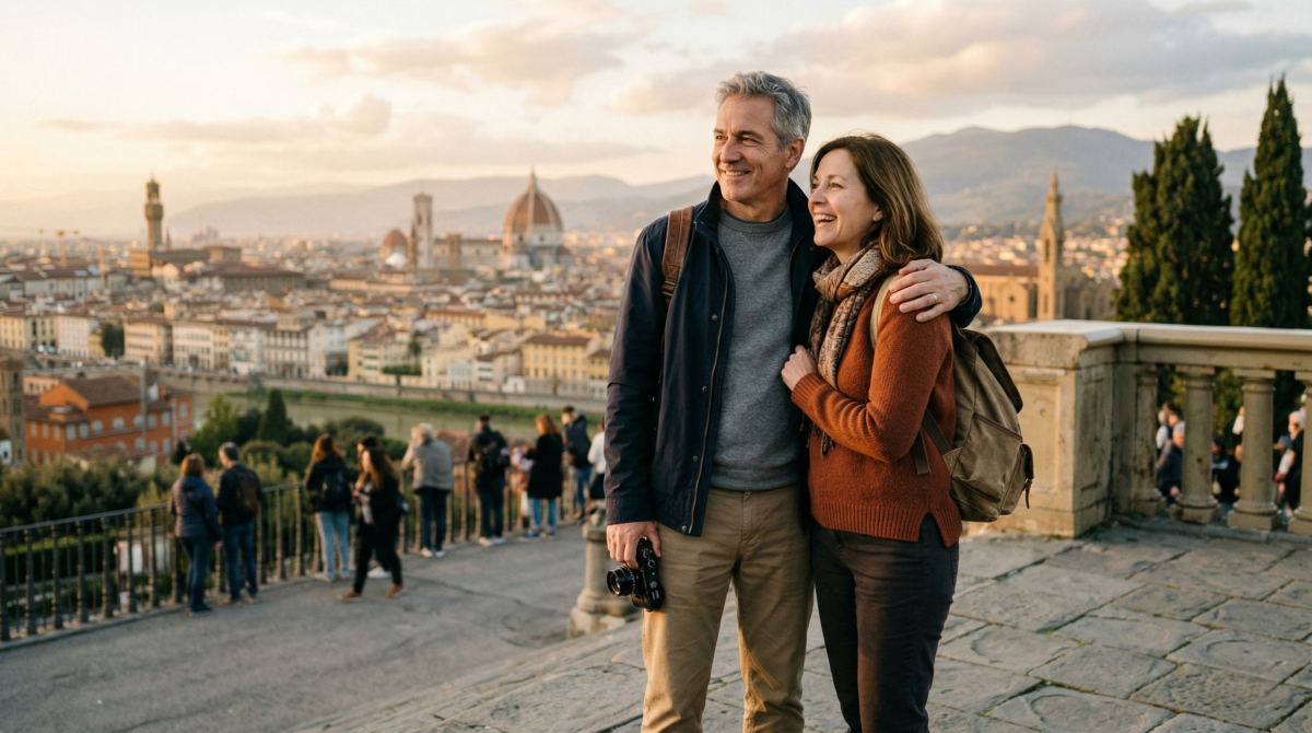 Couple Learning How To Afford Travel In Your 50S, Looking Out Over A Scenic Destination Together